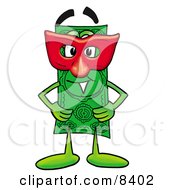 Dollar Bill Mascot Cartoon Character Wearing A Red Mask Over His Face