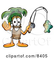 Palm Tree Mascot Cartoon Character Holding A Fish On A Fishing Pole