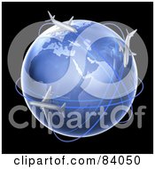 Royalty Free RF Clipart Illustration Of 3d Airplanes Flying Their Routs Around A Globe Over Black by Mopic #COLLC84050-0155
