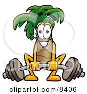 Palm Tree Mascot Cartoon Character Lifting A Heavy Barbell