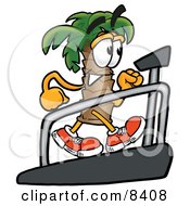 Palm Tree Mascot Cartoon Character Walking On A Treadmill In A Fitness Gym