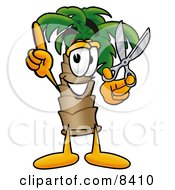 Poster, Art Print Of Palm Tree Mascot Cartoon Character Holding A Pair Of Scissors