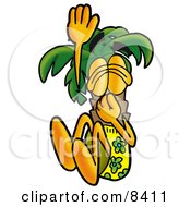 Palm Tree Mascot Cartoon Character Plugging His Nose While Jumping Into Water