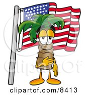 Clipart Picture Of A Palm Tree Mascot Cartoon Character Pledging Allegiance To An American Flag