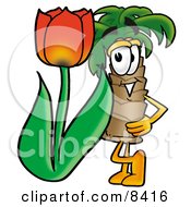 Palm Tree Mascot Cartoon Character With A Red Tulip Flower In The Spring