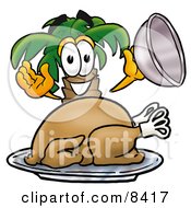 Palm Tree Mascot Cartoon Character Serving A Thanksgiving Turkey On A Platter by Mascot Junction