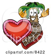Palm Tree Mascot Cartoon Character With An Open Box Of Valentines Day Chocolate Candies