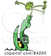 Royalty Free RF Clipart Illustration Of A Frog Hopping Off Of The Tip Of An Alligators Nose by Zooco