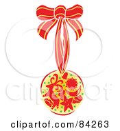 Royalty Free RF Clipart Illustration Of A Red And Yellow Christmas Ball With Star Moon And Reindeer Designs Suspended From A Ribbon by Cherie Reve