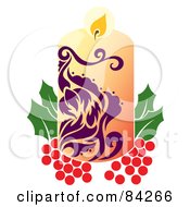 Purple And Beige Christmas Candle Resting On Holly