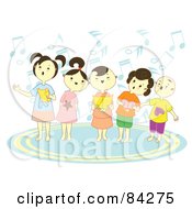Choir Of Happy Singing Children With Notes And Books