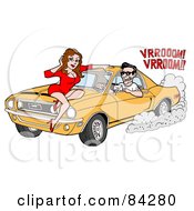 Royalty Free RF Clipart Illustration Of A Sexy Car Model Woman Sitting On The Hood Of A Yellow 1968 Mustang by LaffToon