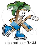 Clipart Picture Of A Palm Tree Mascot Cartoon Character Playing Ice Hockey