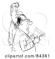 Royalty Free RF Clipart Illustration Of A Black And White Sketch Of Two Shocked Businessmen Reading A Document