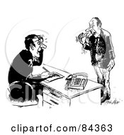 Royalty Free RF Clipart Illustration Of A Black And White Sketch Of A Nervous Man Standing Before His Boss
