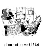 Royalty Free RF Clipart Illustration Of A Black And White Sketch Of A Displeased Boss Watching His Employee Talk On A Cell Phone