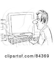 Royalty Free RF Clipart Illustration Of A Black And White Sketch Of A Businessman In Front Of A Large Computer Screen by Alex Bannykh