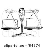 Royalty Free RF Clipart Illustration Of A Black And White Sketch Of A Businessman Scale Weighing Cubes
