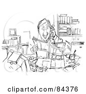 Royalty Free RF Clipart Illustration Of A Black And White Sketch Of A Happy Businessman Reading And Talking On A Phone