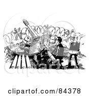 Royalty Free RF Clipart Illustration Of A Black And White Sketch Of Businessmen Shooting Missiles by Alex Bannykh