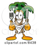 Palm Tree Mascot Cartoon Character Holding A Knife And Fork