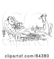 Royalty Free RF Clipart Illustration Of A Black And White Sketch Of Two Businessmen Sharing Coffee And Cigarettes by Alex Bannykh