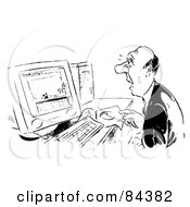 Royalty Free RF Clipart Illustration Of A Black And White Sketch Of A Shocked Businessman Looking At A Computer