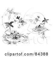 Poster, Art Print Of Black And White Sketch Of People Working At Desks On Tropical Islands