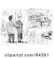 Royalty Free RF Clipart Illustration Of A Black And White Sketch Of Two Men In Their Broken Into Office