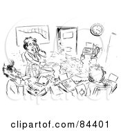 Royalty Free RF Clipart Illustration Of A Black And White Sketch Of A Busy Office With Men And Women Manning The Phones by Alex Bannykh