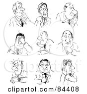 Royalty Free RF Clipart Illustration Of A Black And White Sketch Of A Digital Collage Of Businessmen With Facial Expressions