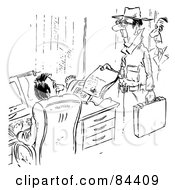 Royalty Free RF Clipart Illustration Of A Black And White Sketch Of An Investigator Handing Papers To A Businessman