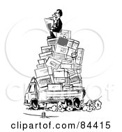 Poster, Art Print Of Black And White Sketch Of A Business Man Reading A Newspaper On Top Of A Pile Of Boxes In A Truck