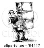 Royalty Free RF Clipart Illustration Of A Black And White Sketch Of A Sweaty Man Carrying Heavy Chests