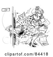 Royalty Free RF Clipart Illustration Of A Black And White Sketch Of A Mans Foot Kicking A Woman And Her Resume Out The Door