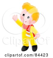 Poster, Art Print Of Happy Blond Boy Wearing A Scarf And Waving