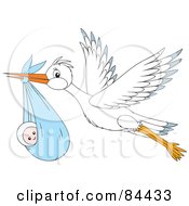 Poster, Art Print Of Flying White Stork With A Baby Boy In A Sack