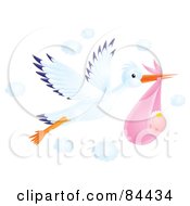 Poster, Art Print Of Flying Airbrushed Stork With A Baby Girl