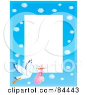 Vertical Cloudy Blue Sky And Stork Carrying A Baby Girl Border Around White Space