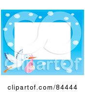 Poster, Art Print Of Horizontal Cloudy Blue Sky And Stork Carrying A Baby Girl Border Around White Space