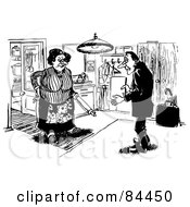 Royalty Free RF Clipart Illustration Of A Black And White Sketch Of A Mean Wife Staring Sternly At Her Husband Or A Salesman