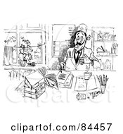 Royalty Free RF Clipart Illustration Of A Black And White Sketch Of A Bandaged Man Writing Notes by Alex Bannykh