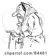 Royalty Free RF Clipart Illustration Of A Black And White Sketch Of A Senior Woman Using A Cane