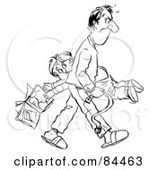 Royalty Free RF Clipart Illustration Of A Black And White Sketch Of A Mad Father Carrying His Bare Bottomed Son And A Belt by Alex Bannykh