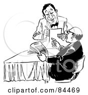 Royalty Free RF Clipart Illustration Of A Black And White Sketch Of A Pleasant Waiter Taking An Order From A Man