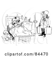 Royalty Free RF Clipart Illustration Of A Black And White Sketch Of A Doctor Checking In On A Sick Patient by Alex Bannykh