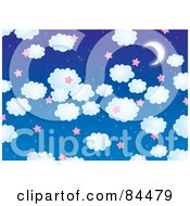 Poster, Art Print Of Blue Night Sky Background With Puffy Clouds Pink Stars And A Crescent Moon