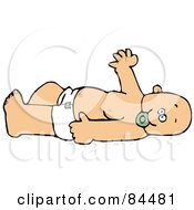 Poster, Art Print Of Caucasian Baby In A Diaper Laying On Its Back Sucking On A Pacifier And Waving