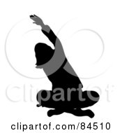 Poster, Art Print Of Black Silhouette Of A Woman Sitting Cross Legged On The Floor And Stretching While Doing Yoga