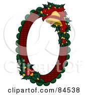 Oval Christmas Frame With Holly Poinsettias And A Bell